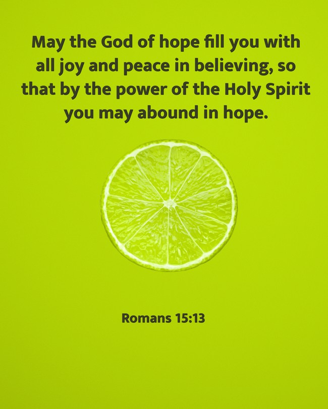  May the God of hope fill you with all joy and peace in believing, so that by the power of the Holy Spirit you may abound in hope.   - Romans 15:13 