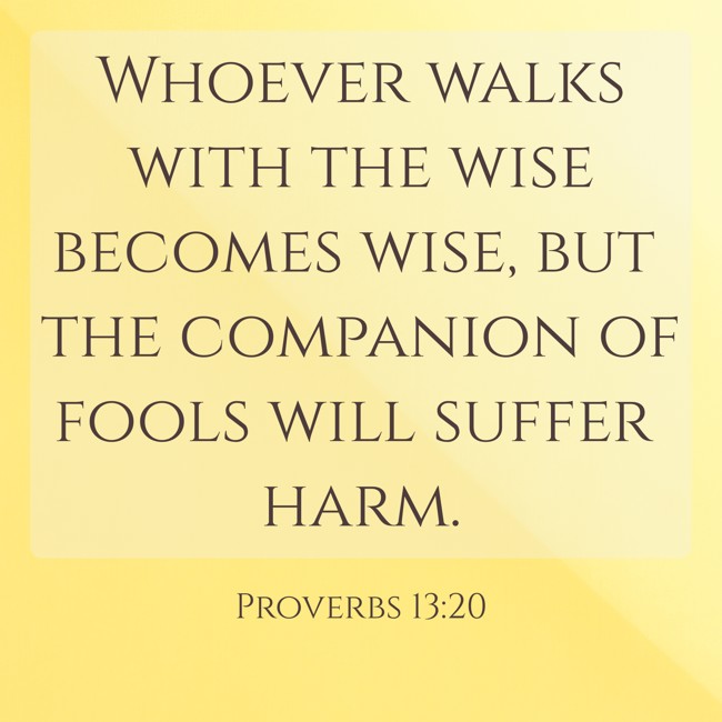  Whoever walks with the wise becomes wise, but the companion of fools will suffer harm.   - Proverbs 13:20 