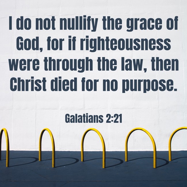  I do not nullify the grace of God, for if righteousness were through the law, then Christ died for no purpose.   - Galatians 2:21 
