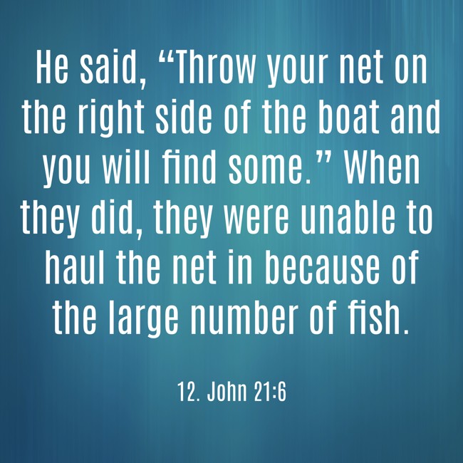 He said, “Throw your net on the right side of the boat and you will find some.” When they did, they were unable to haul the net in because of the large number of fish. - 12. John 21:6