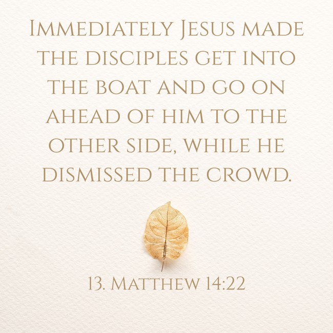 Immediately Jesus made the disciples get into the boat and go on ahead of him to the other side, while he dismissed the crowd. - 13. Matthew 14:22