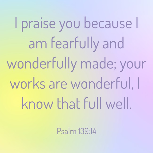  I praise you because I am fearfully and wonderfully made; your works are wonderful, I know that full well.   - Psalm 139:14 