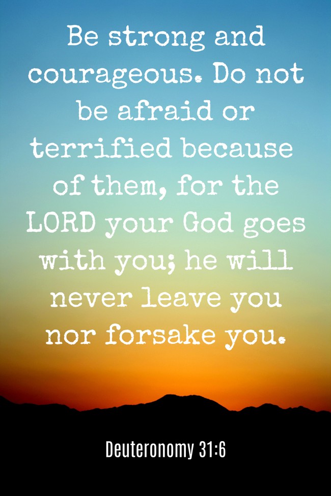  Be strong and courageous. Do not be afraid or terrified because of them, for the LORD your God goes with you; he will never leave you nor forsake you.   - Deuteronomy 31:6 