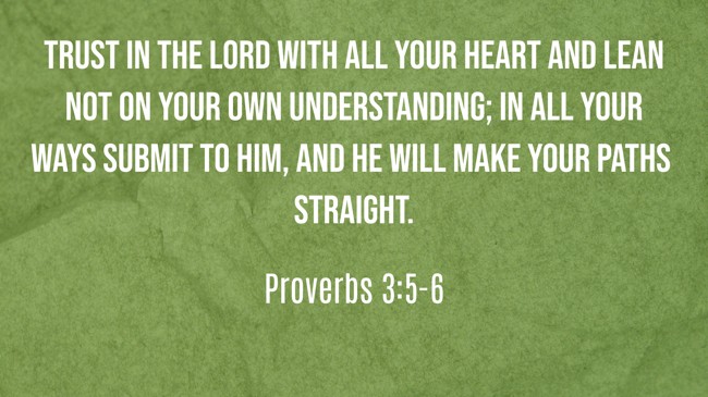  Trust in the LORD with all your heart and lean not on your own understanding; in all your ways submit to him, and he will make your paths straight.   - Proverbs 3:5-6 
