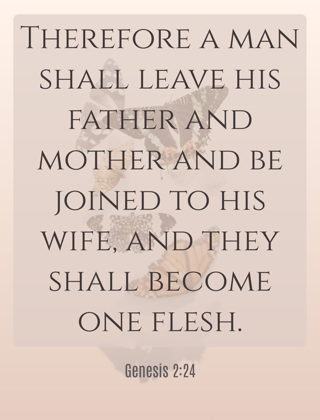 Therefore a man shall leave his father and mother and be joined to his wife, and they shall become one flesh. - Genesis 2:24