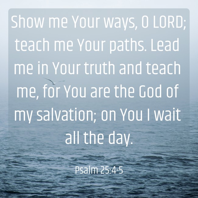 Show me Your ways, O LORD; teach me Your paths. Lead me in Your truth and teach me, for You are the God of my salvation; on You I wait all the day. - Psalm 25:4-5