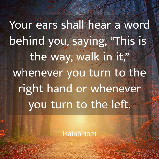 Your ears shall hear a word behind you, saying, “This is the way, walk in it,” whenever you turn to the right hand or whenever you turn to the left. - Isaiah 30:21