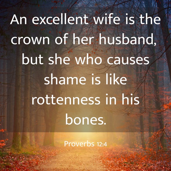 An excellent wife is the crown of her husband, but she who causes shame is like rottenness in his bones. - Proverbs 12:4