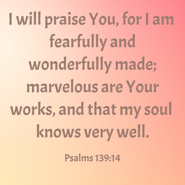 I will praise You, for I am fearfully and wonderfully made; marvelous are Your works, and that my soul knows very well. - Psalms 139:14