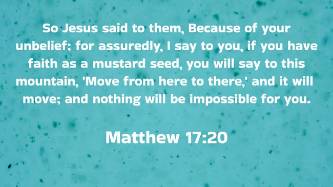  So Jesus said to them, Because of your unbelief; for assuredly, I say to you, if you have faith as a mustard seed, you will say to this mountain, 'Move from here to there,' and it will move; and nothing will be impossible for you.   - Matthew 17:20 