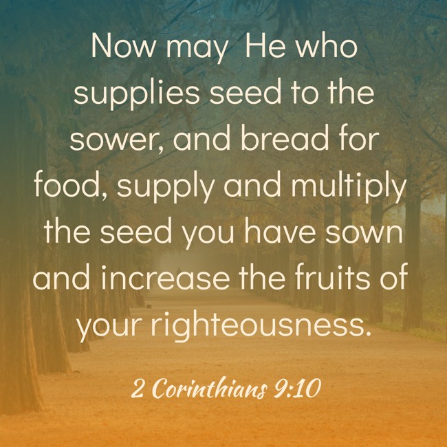  Now may He who supplies seed to the sower, and bread for food, supply and multiply the seed you have sown and increase the fruits of your righteousness.   - 2 Corinthians 9:10 