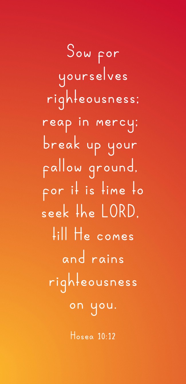  Sow for yourselves righteousness; reap in mercy; break up your fallow ground, for it is time to seek the LORD, till He comes and rains righteousness on you.   - Hosea 10:12 