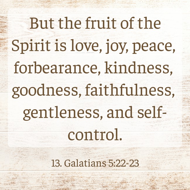 But the fruit of the Spirit is love, joy, peace, forbearance, kindness, goodness, faithfulness, gentleness, and self-control. - 13. Galatians 5:22-23
