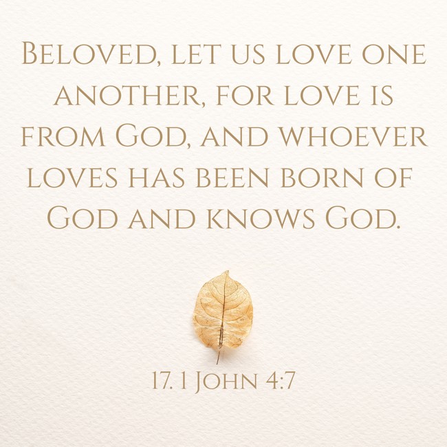 Beloved, let us love one another, for love is from God, and whoever loves has been born of God and knows God. - 17. 1 John 4:7