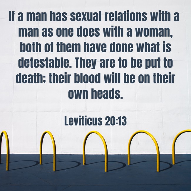 If a man has sexual relations with a man as one does with a woman, both of them have done what is detestable. They are to be put to death; their blood will be on their own heads. - Leviticus 20:13