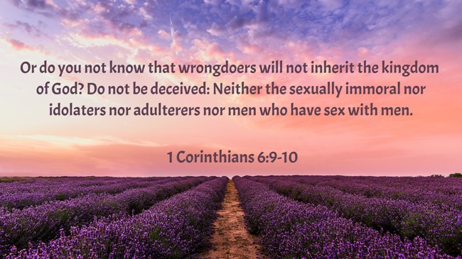 Or do you not know that wrongdoers will not inherit the kingdom of God? Do not be deceived: Neither the sexually immoral nor idolaters nor adulterers nor men who have sex with men. - 1 Corinthians 6:9-10