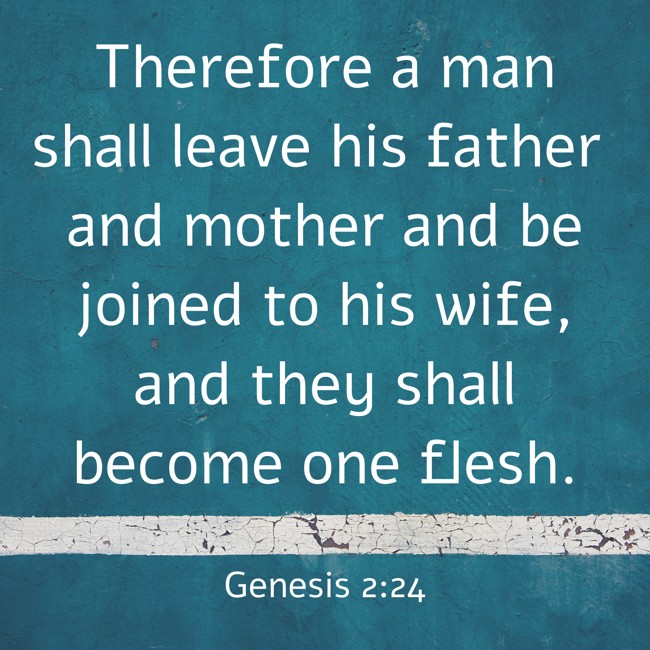 Therefore a man shall leave his father and mother and be joined to his wife, and they shall become one flesh. - Genesis 2:24