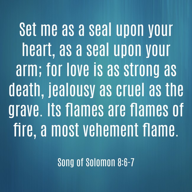 Set me as a seal upon your heart, as a seal upon your arm; for love is as strong as death, jealousy as cruel as the grave. Its flames are flames of fire, a most vehement flame. - Song of Solomon 8:6-7