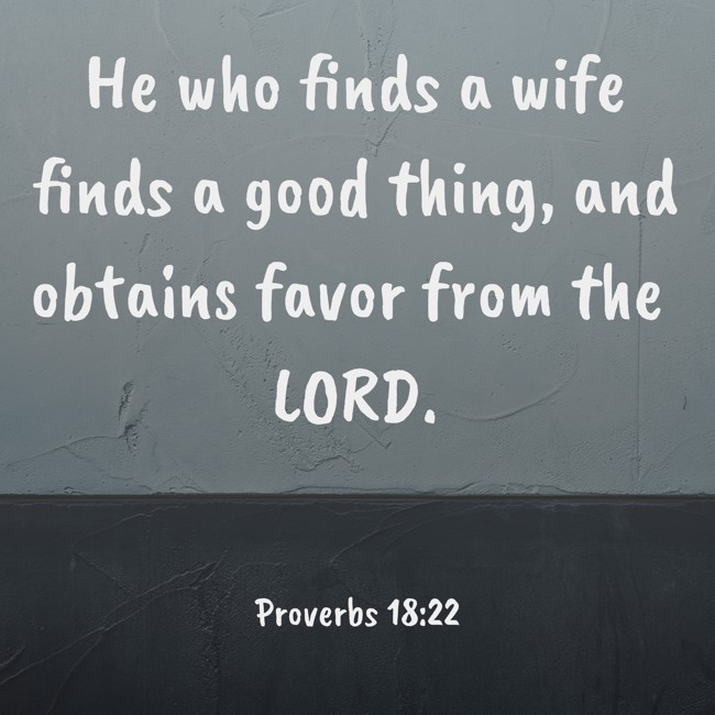 He who finds a wife finds a good thing, and obtains favor from the LORD. - Proverbs 18:22