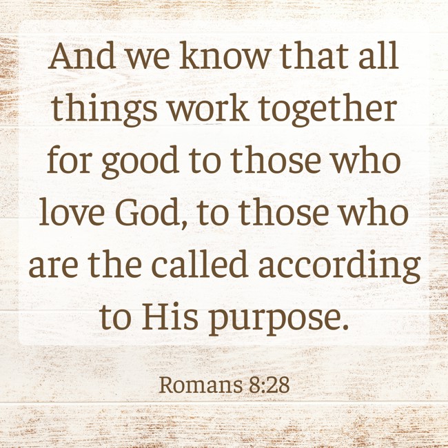 And we know that all things work together for good to those who love God, to those who are the called according to His purpose. - Romans 8:28