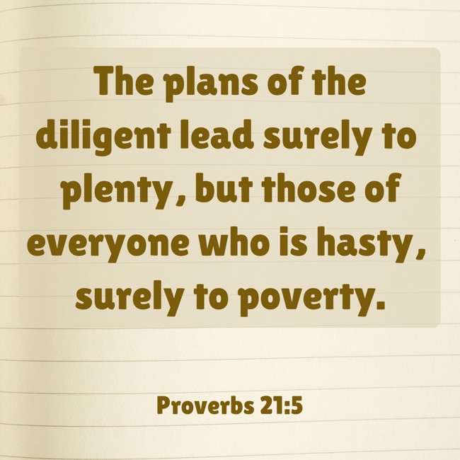 The plans of the diligent lead surely to plenty, but those of everyone who is hasty, surely to poverty. - Proverbs 21:5