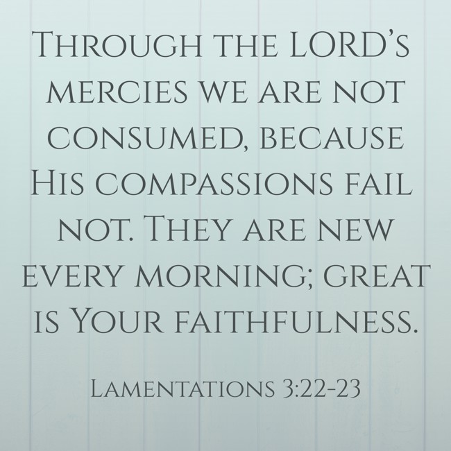 Through the LORD’s mercies we are not consumed, because His compassions fail not. They are new every morning; great is Your faithfulness. - Lamentations 3:22-23