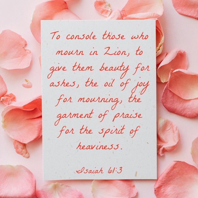  To console those who mourn in Zion, to give them beauty for ashes, the oil of joy for mourning, the garment of praise for the spirit of heaviness.   - Isaiah 61:3 