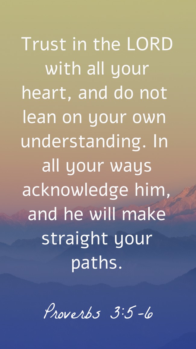  Trust in the LORD with all your heart, and do not lean on your own understanding. In all your ways acknowledge him, and he will make straight your paths.   - Proverbs 3:5-6 