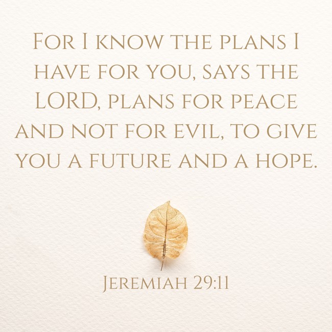 For I know the plans I have for you, says the LORD, plans for peace and not for evil, to give you a future and a hope. - Jeremiah 29:11