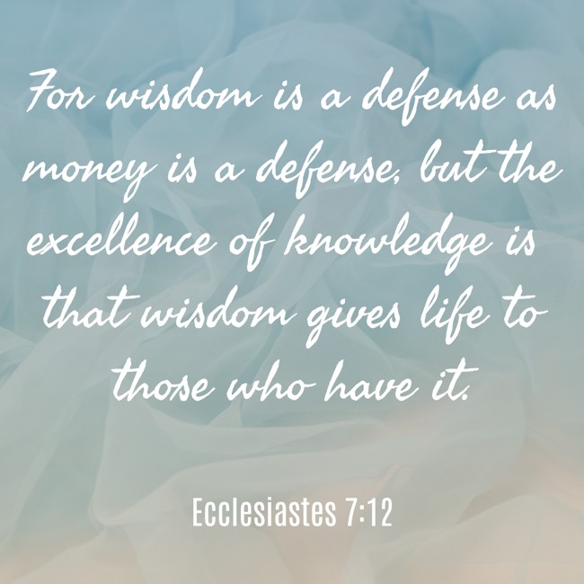 For wisdom is a defense as money is a defense, but the excellence of knowledge is that wisdom gives life to those who have it. - Ecclesiastes 7:12