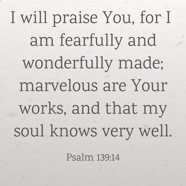 I will praise You, for I am fearfully and wonderfully made; marvelous are Your works, and that my soul knows very well. - Psalm 139:14