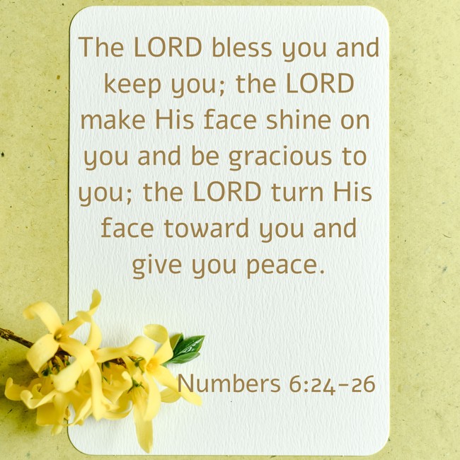 The LORD bless you and keep you; the LORD make His face shine on you and be gracious to you; the LORD turn His face toward you and give you peace. - Numbers 6:24-26