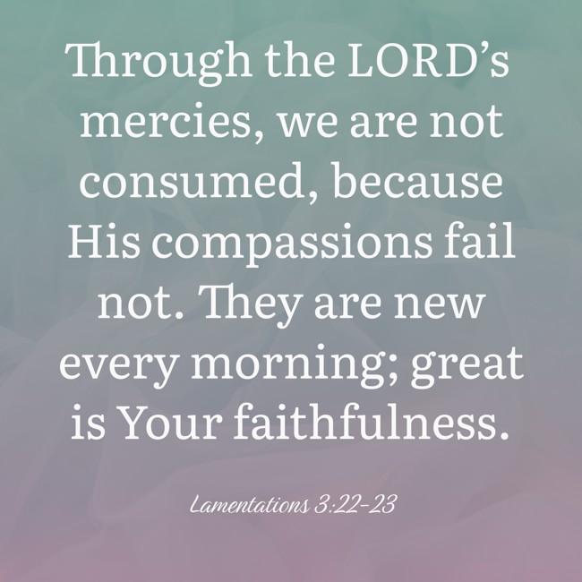 Through the LORD’s mercies, we are not consumed, because His compassions fail not. They are new every morning; great is Your faithfulness. - Lamentations 3:22-23