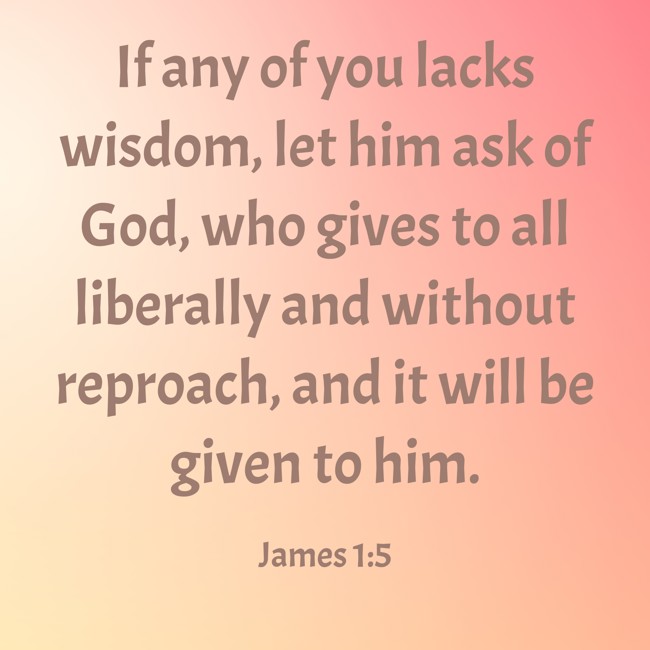 If any of you lacks wisdom, let him ask of God, who gives to all liberally and without reproach, and it will be given to him. - James 1:5