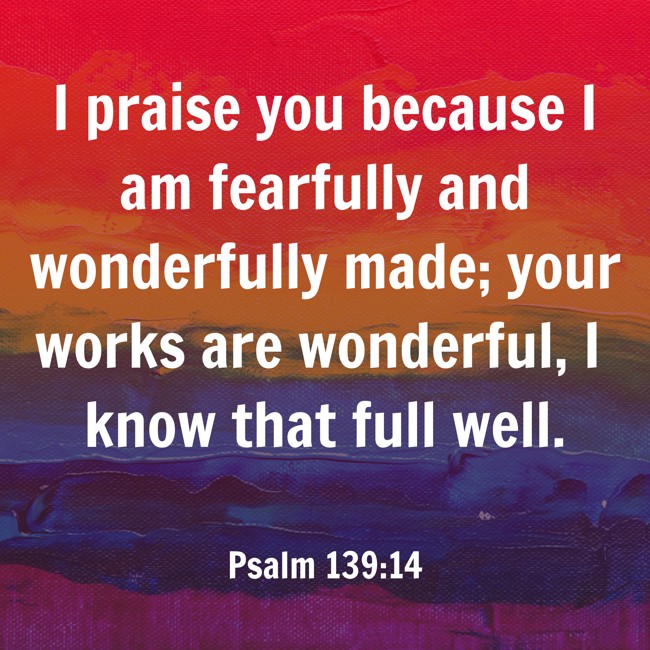 I praise you because I am fearfully and wonderfully made; your works are wonderful, I know that full well. - Psalm 139:14