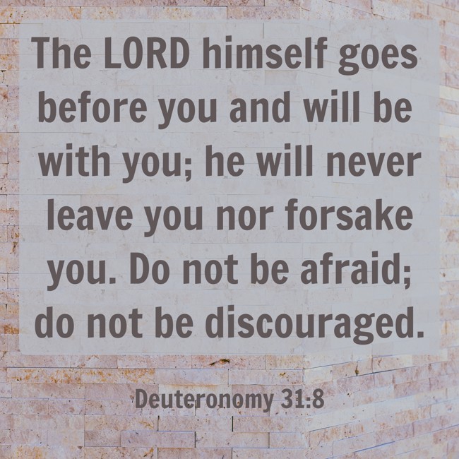 The LORD himself goes before you and will be with you; he will never leave you nor forsake you. Do not be afraid; do not be discouraged. - Deuteronomy 31:8
