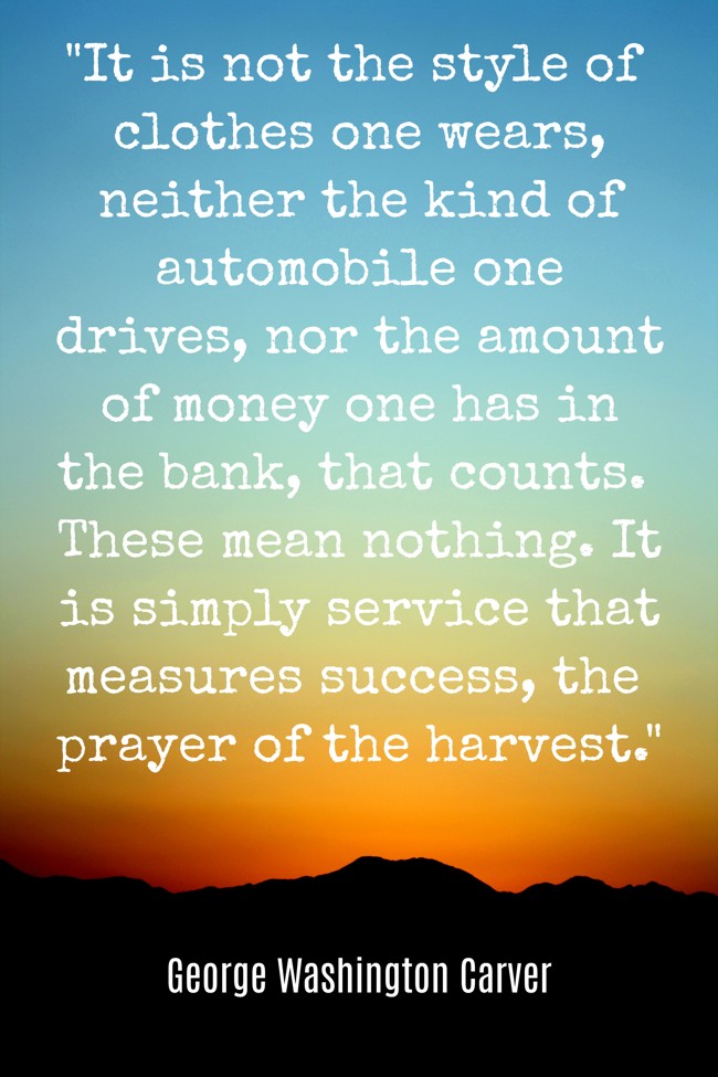 It is not the style of clothes one wears, neither the kind of automobile one drives, nor the amount of money one has in the bank, that counts. These mean nothing. It is simply service that measures success, the prayer of the harvest. - George Washington Carver
