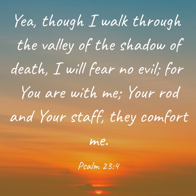 Yea, though I walk through the valley of the shadow of death, I will fear no evil; for You are with me; Your rod and Your staff, they comfort me. - Psalm 23:4