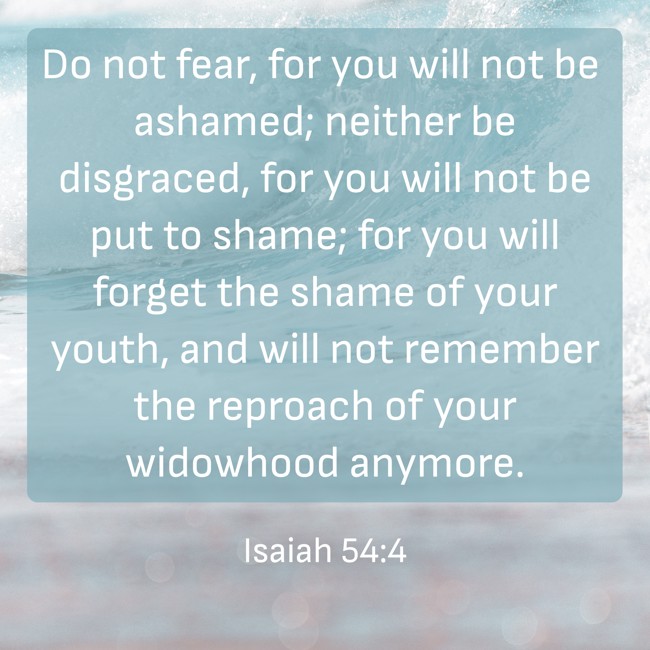 Do not fear, for you will not be ashamed; neither be disgraced, for you will not be put to shame; for you will forget the shame of your youth, and will not remember the reproach of your widowhood anymore. - Isaiah 54:4