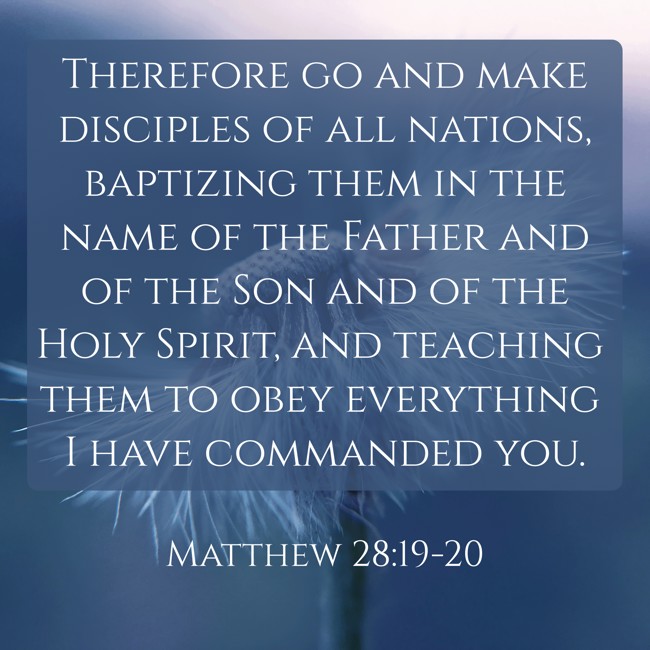 Therefore go and make disciples of all nations, baptizing them in the name of the Father and of the Son and of the Holy Spirit, and teaching them to obey everything I have commanded you. - Matthew 28:19-20