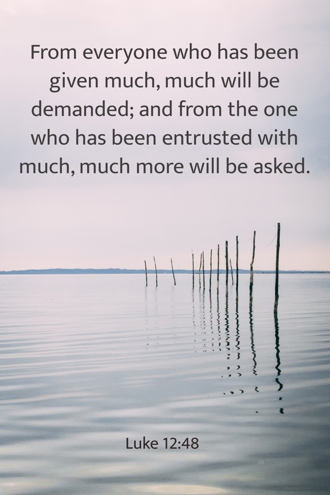 From everyone who has been given much, much will be demanded; and from the one who has been entrusted with much, much more will be asked. - Luke 12:48