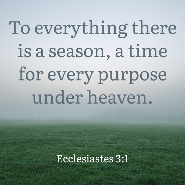 To everything there is a season, a time for every purpose under heaven. - Ecclesiastes 3:1