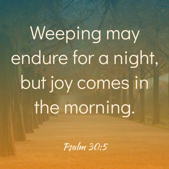 Weeping may endure for a night, but joy comes in the morning. - Psalm 30:5