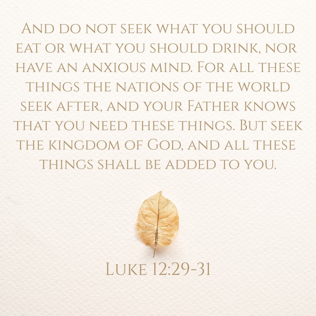 And do not seek what you should eat or what you should drink, nor have an anxious mind. For all these things the nations of the world seek after, and your Father knows that you need these things. But seek the kingdom of God, and all these things shall be added to you. - Luke 12:29-31