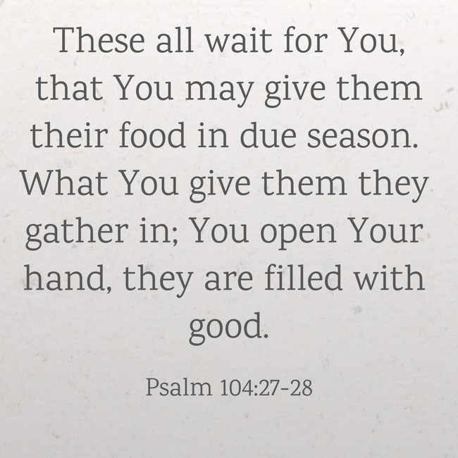 These all wait for You, that You may give them their food in due season. What You give them they gather in; You open Your hand, they are filled with good. - Psalm 104:27-28