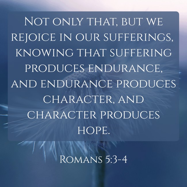 Not only that, but we rejoice in our sufferings, knowing that suffering produces endurance, and endurance produces character, and character produces hope. - Romans 5:3-4