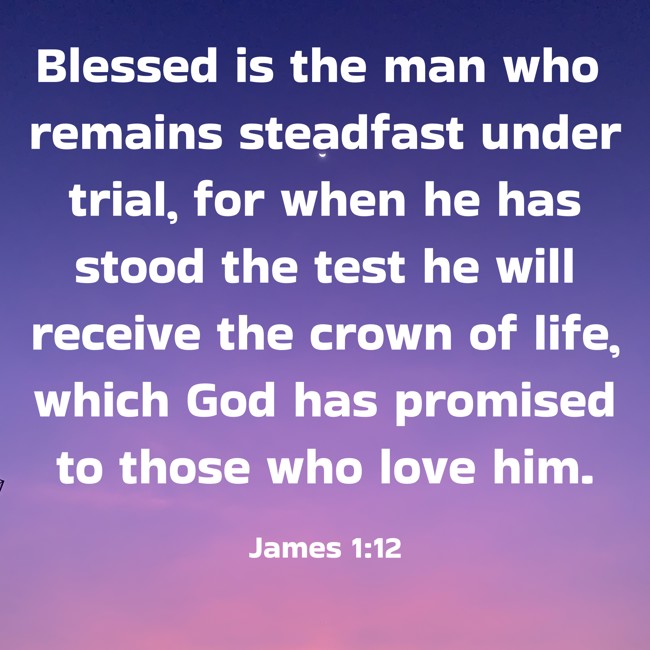 Blessed is the man who remains steadfast under trial, for when he has stood the test he will receive the crown of life, which God has promised to those who love him. - James 1:12