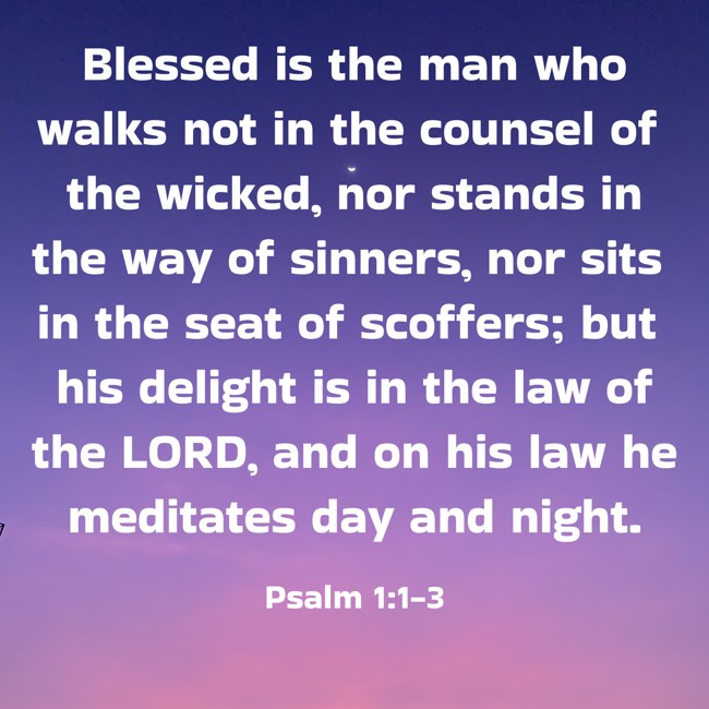 Blessed is the man who walks not in the counsel of the wicked, nor stands in the way of sinners, nor sits in the seat of scoffers; but his delight is in the law of the LORD, and on his law he meditates day and night. - Psalm 1:1-3