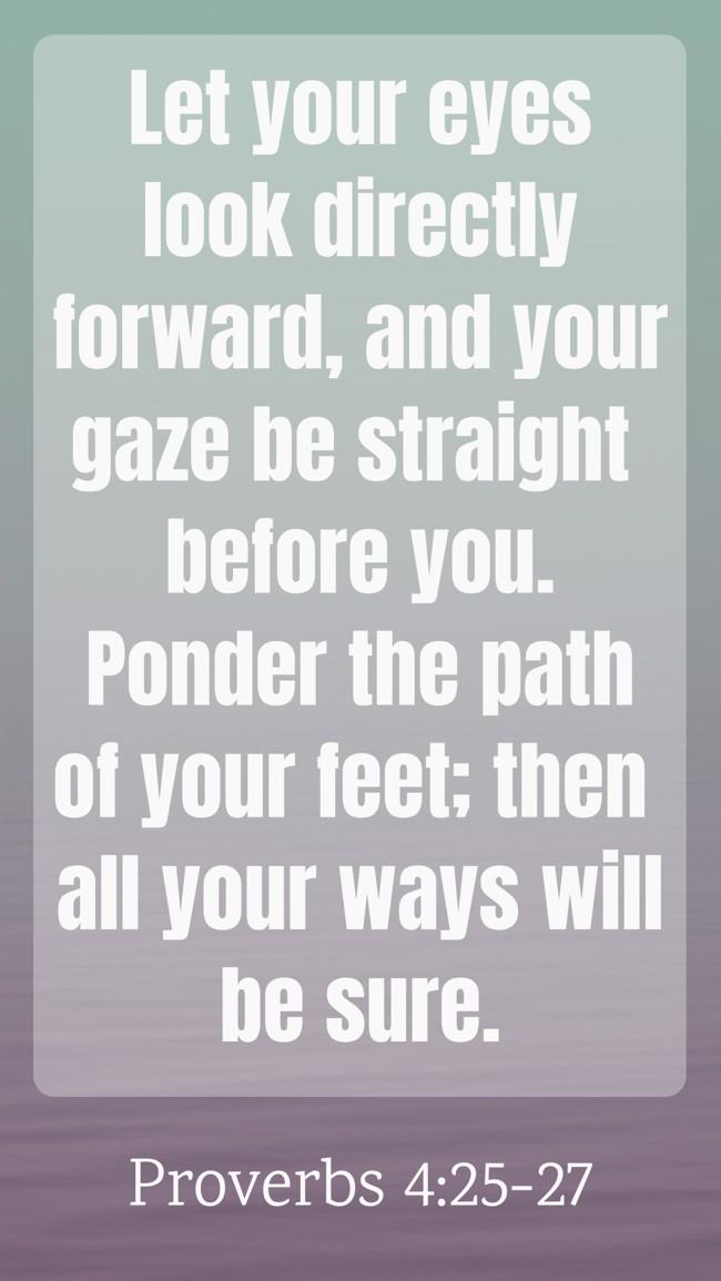 Let your eyes look directly forward, and your gaze be straight before you. Ponder the path of your feet; then all your ways will be sure. - Proverbs 4:25-27