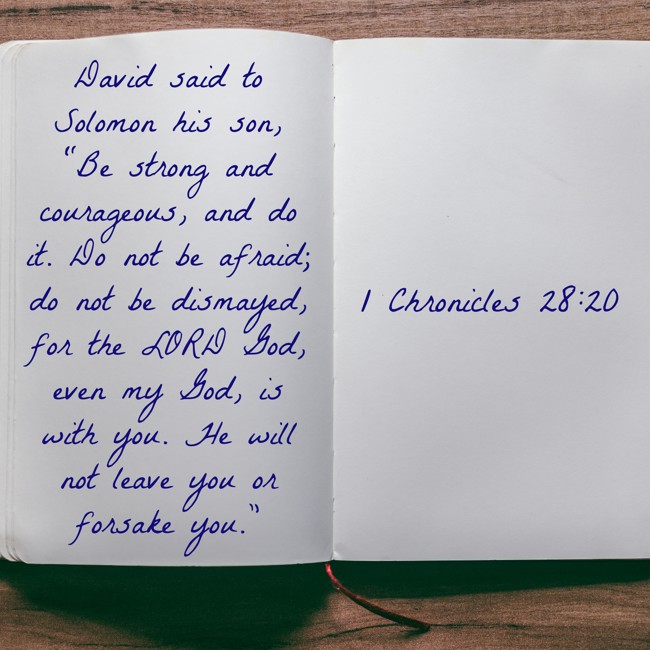 David said to Solomon his son, “Be strong and courageous, and do it. Do not be afraid; do not be dismayed, for the LORD God, even my God, is with you. He will not leave you or forsake you.” - 1 Chronicles 28:20